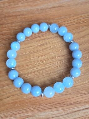 Blue Angelite & Aquamarine Beads Bracelet, Stretch, Hand Crafted